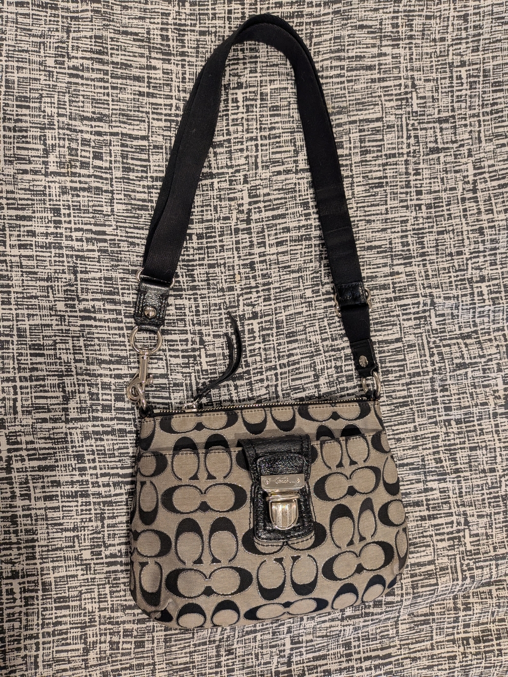 Coach Black and Khaki Grey Signature Canvas Small Shoulder Crossbody Bag